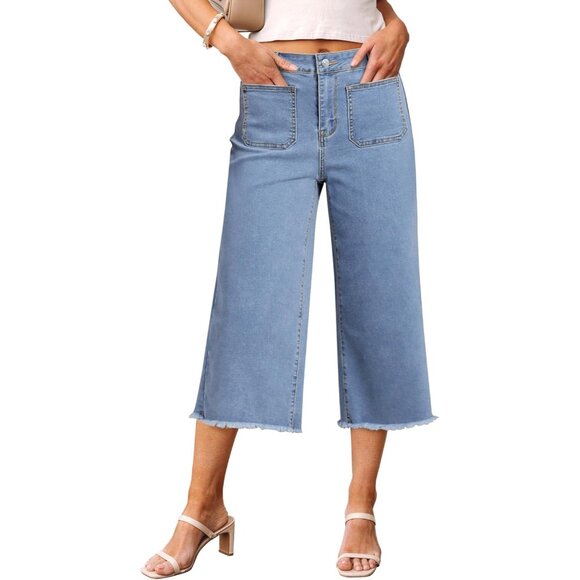 Women's Wide Leg Crop Jeans Cotton Spandex Stretchy High Waisted Casual - Picture 1 of 8